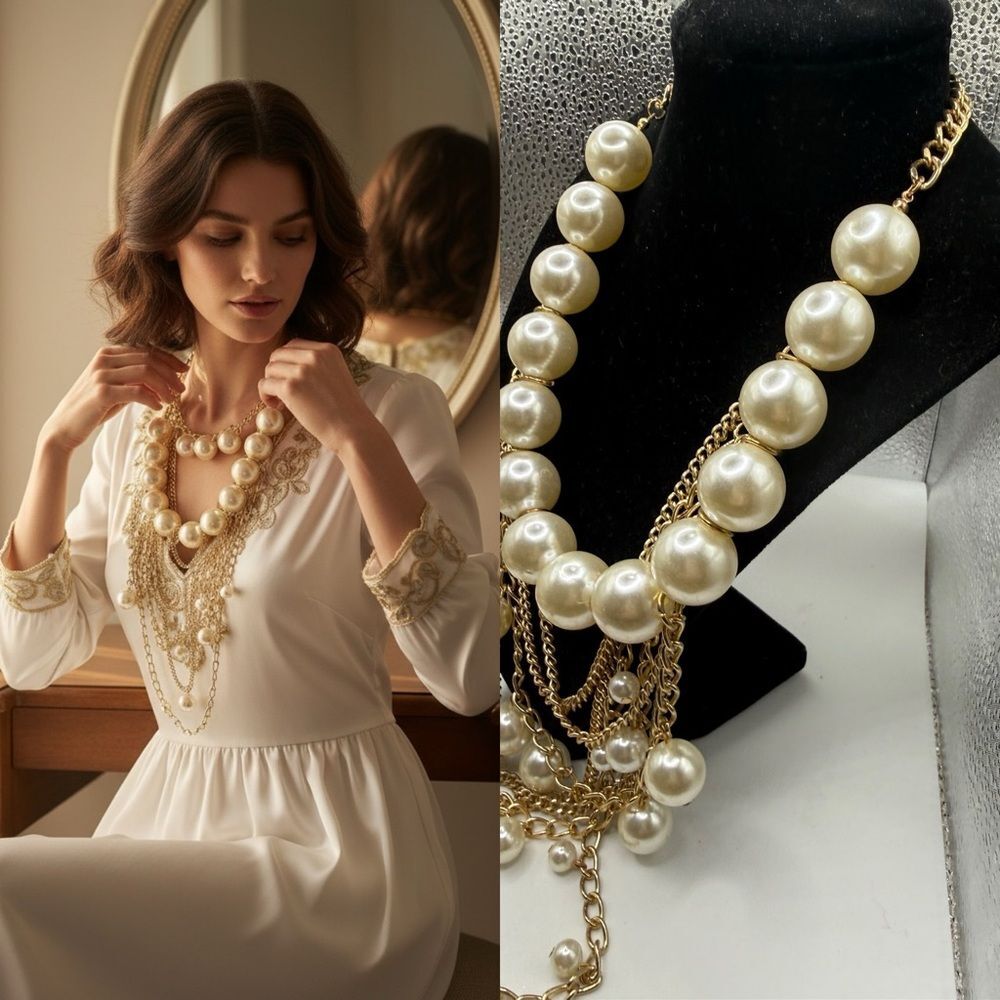 Tone Faux Pearl Statement Necklace Multi Strand Draped Chain Bib Necklace